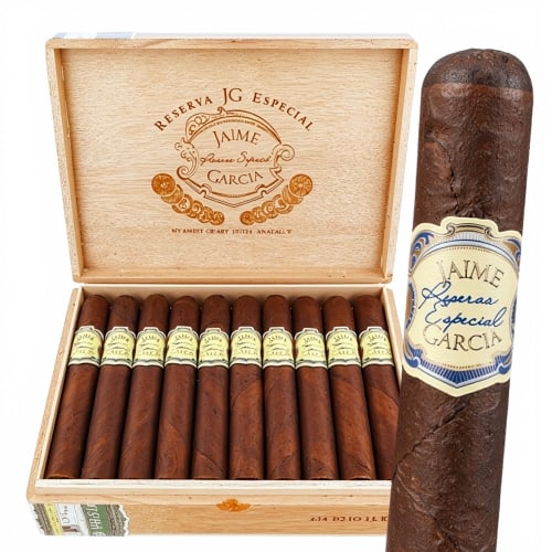 Cigars in a wooden box display.