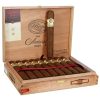 Open Box of Padron 1964 No.4 Maduro Cigars with a zoomed in image of the Padron 1964 No.4 Maduro cigar standing upright inside the open box