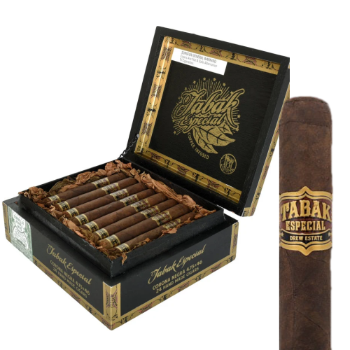 Open box of Tabak Negra cigars with a single tabak cigar close up image