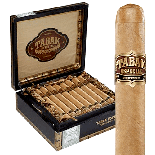 Open Box of Cigars With a Zoomed In Image of a Tabak Cigar