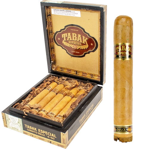 OPen Box of Cigars With a Zoomed In Image of a Tabak Cigar