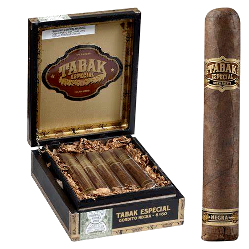 Open Box of Cigars With a Zoomed In Image of a Tabak Gordito Negra Cigar