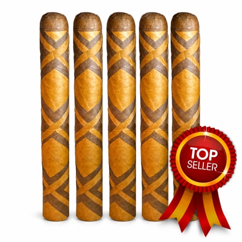 Five cigars with decorative patterns.
