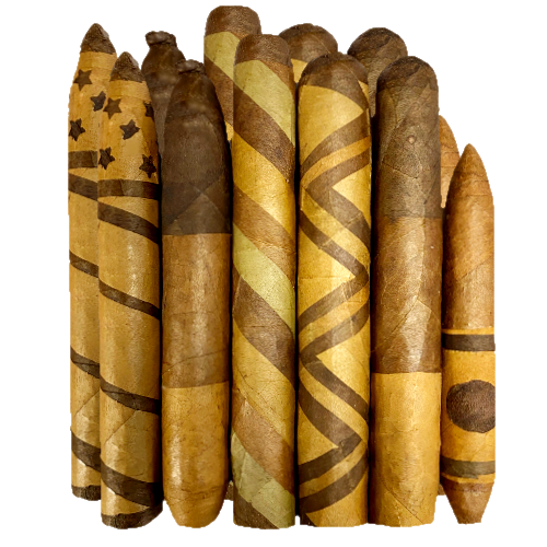 Variety of decorative organic cigars stacked together