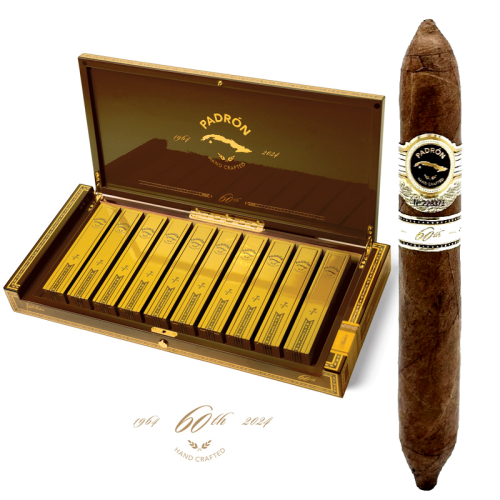 Open Box of Padron 60th Anniversary Maduro Cigars, with a large Padron 60th Maduro Cigar on the right side of the box