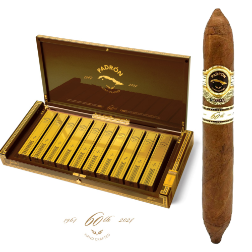 Open Box of Padron 60th Anniversary Natural Cigars, with a large zoomed in image of a single Padron 60th Natural Cigar