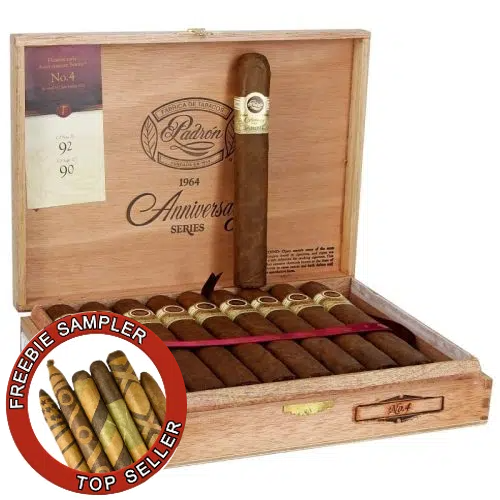 Open Box of Padron 1964 no.4 with single cigar. Promotion image in bottom righthand corner