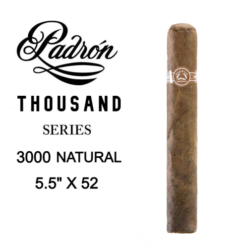 Padron 3000 Natural Single Cigar Image Standing upright, with official Padron logo, with the name and size in text