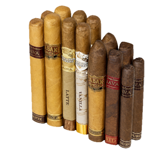Assorted coffee-flavored cigars arranged neatly.