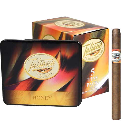 Tin of Tatiana Honey, sleeve of Tatiana Honey, behind the tin with a single Tatiana Honey Cigarillo standing upright