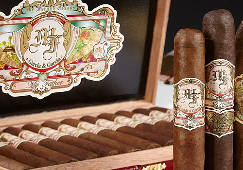 My Father Cigars 15 Year History and Review Open box of My Father Cigars, with three my father cigars standing side by side