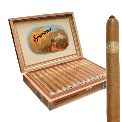 Open Box of Sobremesa Brûlée Blue Cigars, With a large image of a single cigar