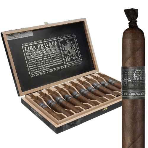 Open Box of Liga Privada 10 Anniversario Cigars, with a large zoomed in image of a single Liga Privada 10 Anniversario cigar