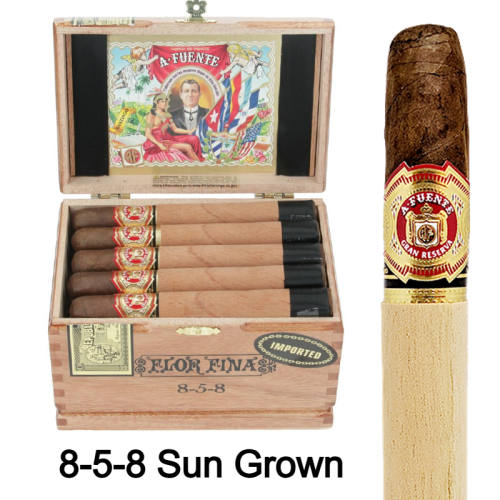 Box Of Arturo Fuente 858 Sun Grown Cigars With a zoomed in image of a Single 858 Cigar