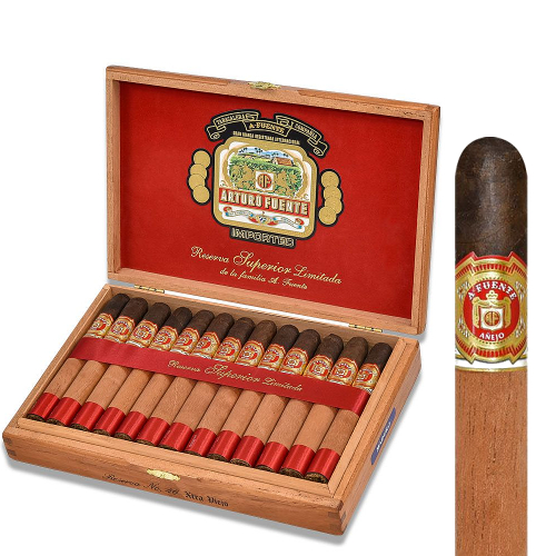 Open Box of Cigars With a Zoomed In Image of a Fuente Anejo 46 Cigar