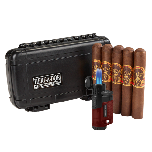 travel humidor, 5 Oliva Serie V Cigars, and with lighter