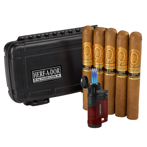 travel humidor, 5 perdomo cigars, lighter