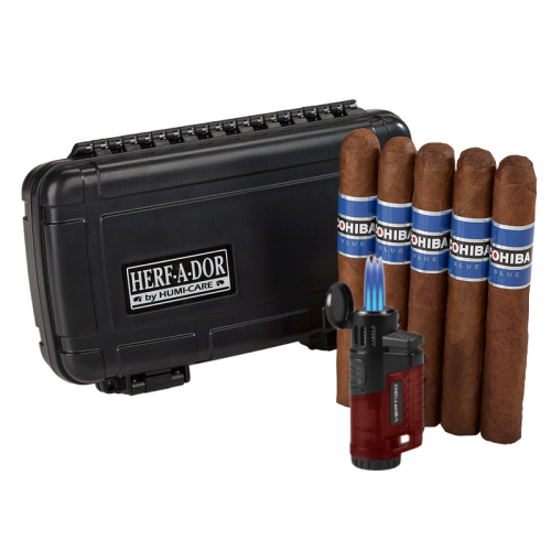 travel humidor, 5 cohiba blue, lighter