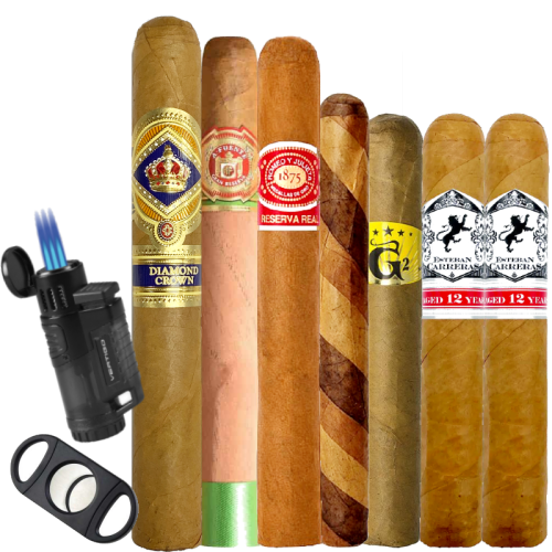 7 cigars with a cigar cutter and lighter