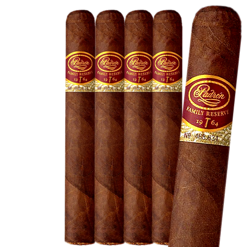 Five premium cigars in packaging.