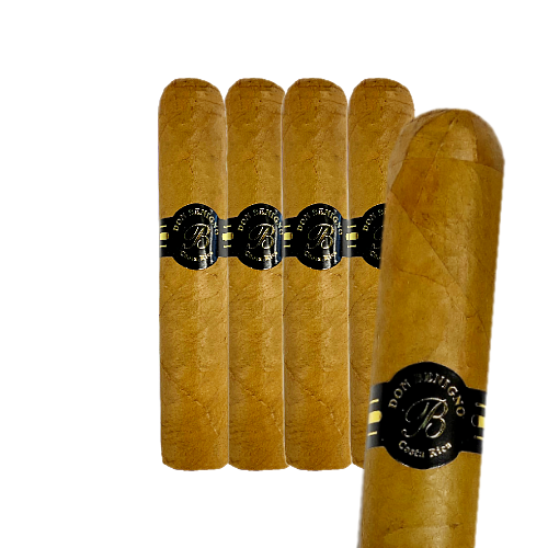 Five premium cigars in packaging.