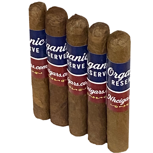 Five organic cigars in packaging.