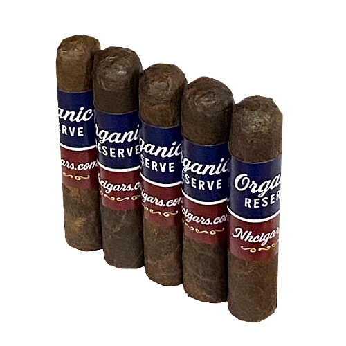 Five organic reserve cigars displayed.