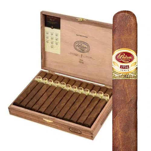 Cigar box with premium cigars displayed.
