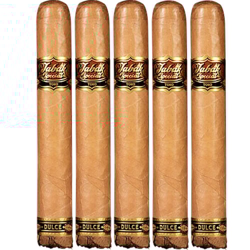 Five Drew Estate Tabak Especial Toro Dulce cigars in a row