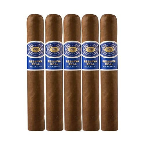 Five Romeo Y Julieta Reserva Real Nicaragua cigars in a row.