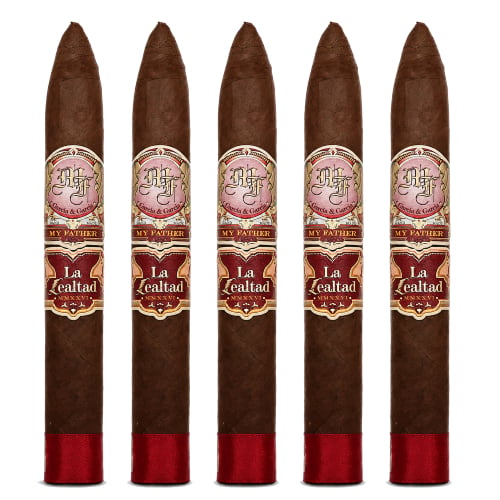 Five premium cigars in packaging.