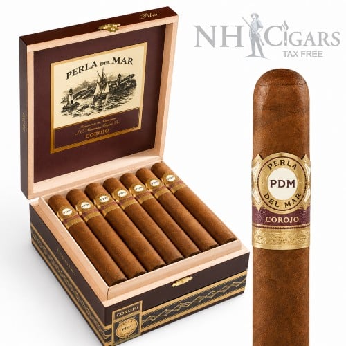 Open Box of PDM Cigars with a single cigar and the nhcigars logo at the top left hand corner.
