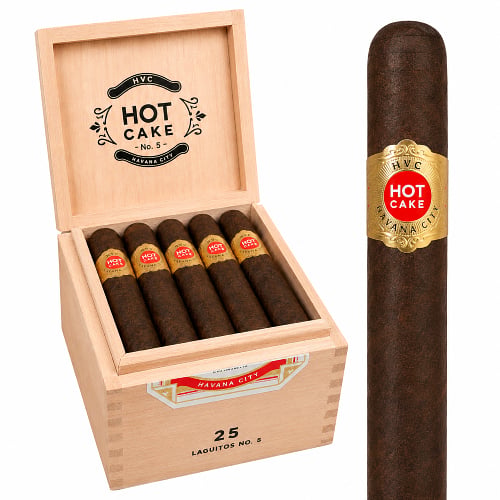 box of hvc hot cake maduro laguito #5 with cigar