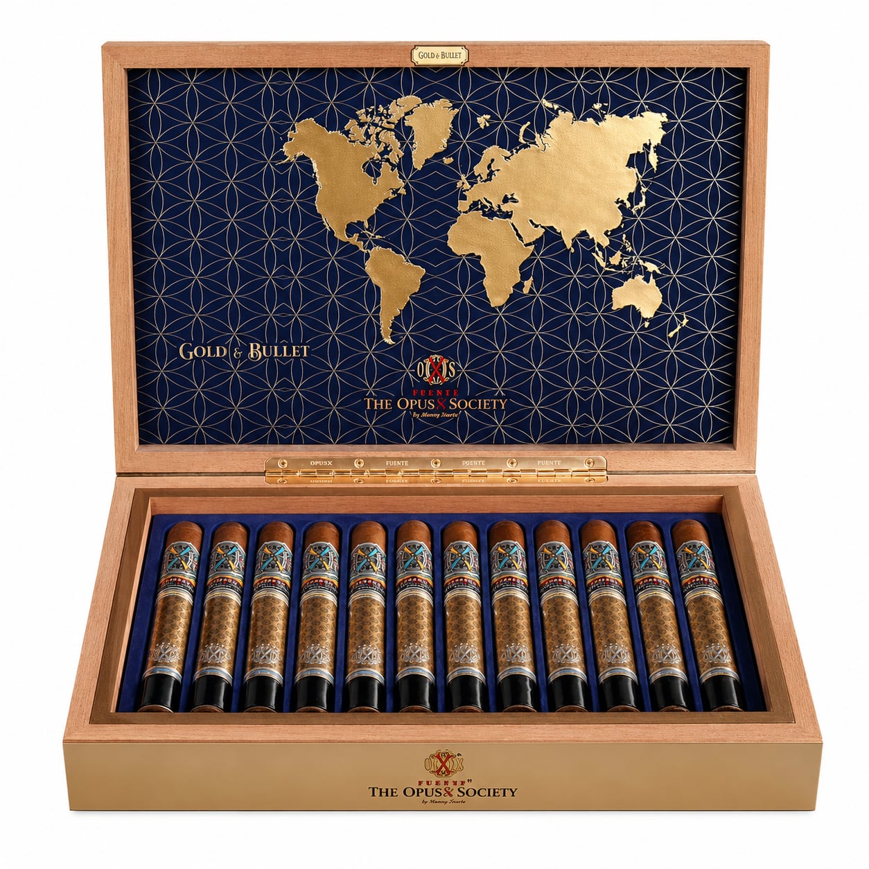 Fuente Opus X Society Gold & Bullet (6.75"×50) Box of 12 Fuente Opus X Society Gold Bullet Cigars
